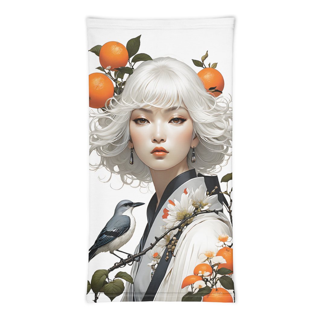 Oriental Lady with Orange and Bird Face Mask & Neck Gaiter