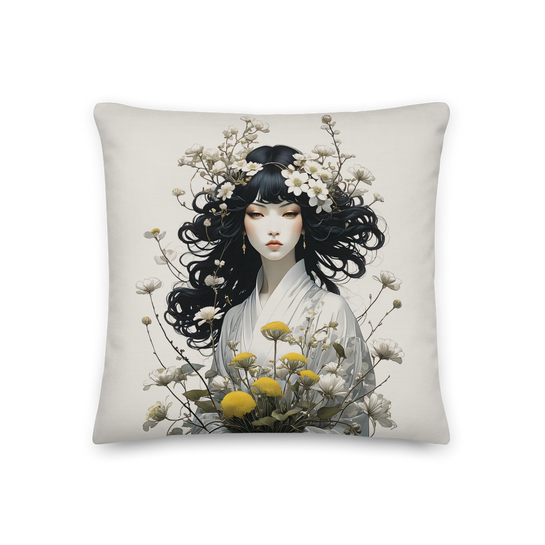 Oriental Lady with Yellow Flowers Premium Pillow