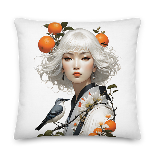 Oriental Lady with Orange and Bird Premium Pillow