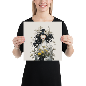 Oriental Lady with Yellow Flowers Poster Print Art