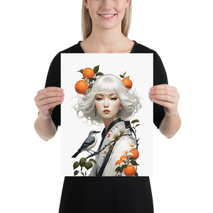 Oriental Lady with Orange and Bird Poster Print Art