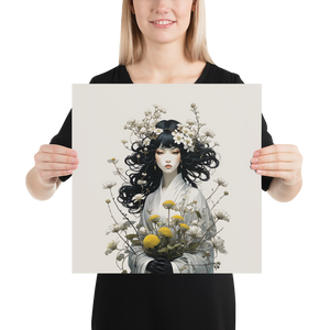 Oriental Lady with Yellow Flowers Poster Print Art