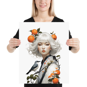 Oriental Lady with Orange and Bird Poster Print Art