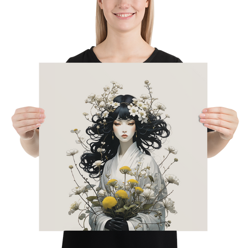 Oriental Lady with Yellow Flowers Poster Print Art