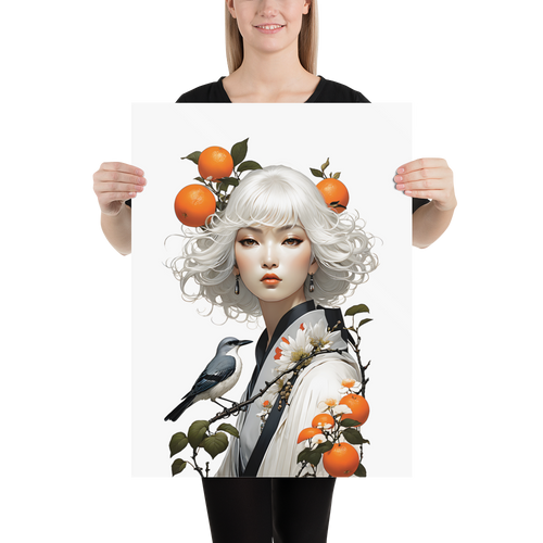 Oriental Lady with Orange and Bird Poster Print Art