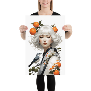 Oriental Lady with Orange and Bird Poster Print Art