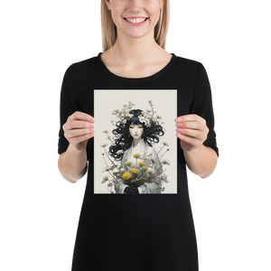 Oriental Lady with Yellow Flowers Poster Print Art