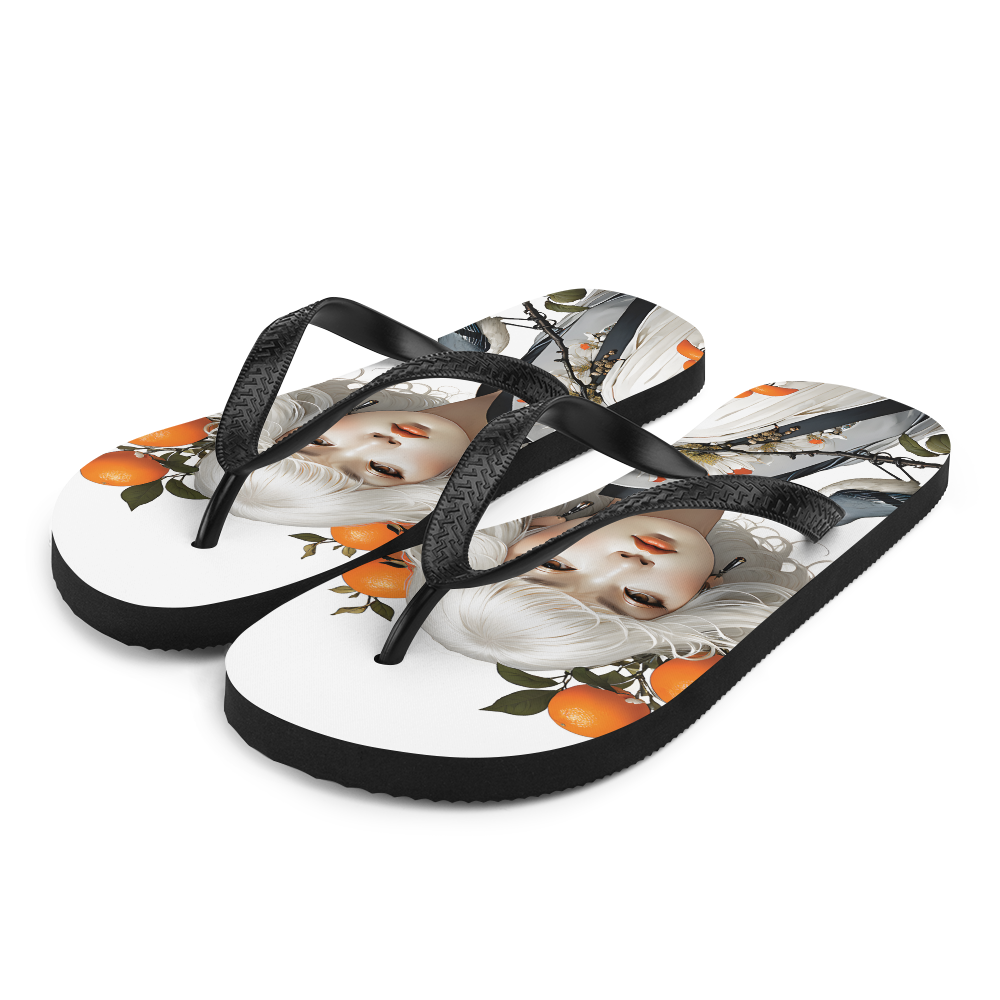 Oriental Lady with Orange and Bird Flip Flops