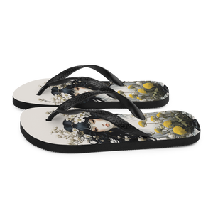 Oriental Lady with Yellow Flowers Flip Flops