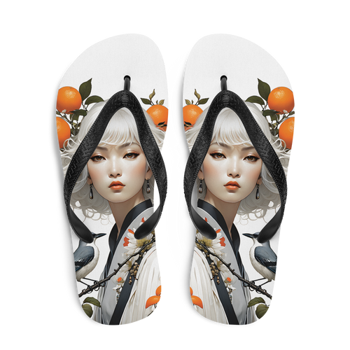 Oriental Lady with Orange and Bird Flip Flops