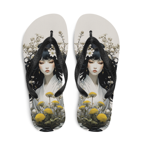 Oriental Lady with Yellow Flowers Flip Flops