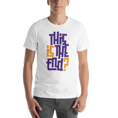 XS IS/THIS IS THE END? Purple Yellow Short-Sleeve Unisex T-Shirt by Design Express