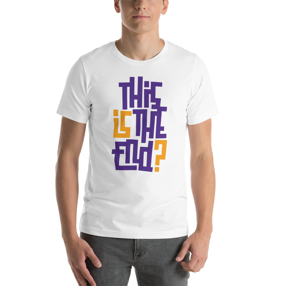 XS IS/THIS IS THE END? Purple Yellow Short-Sleeve Unisex T-Shirt by Design Express