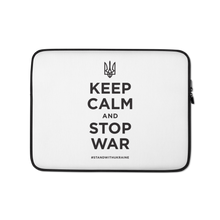 13″ Keep Calm and Stop War (Support Ukraine) Black Print White Laptop Sleeve by Design Express