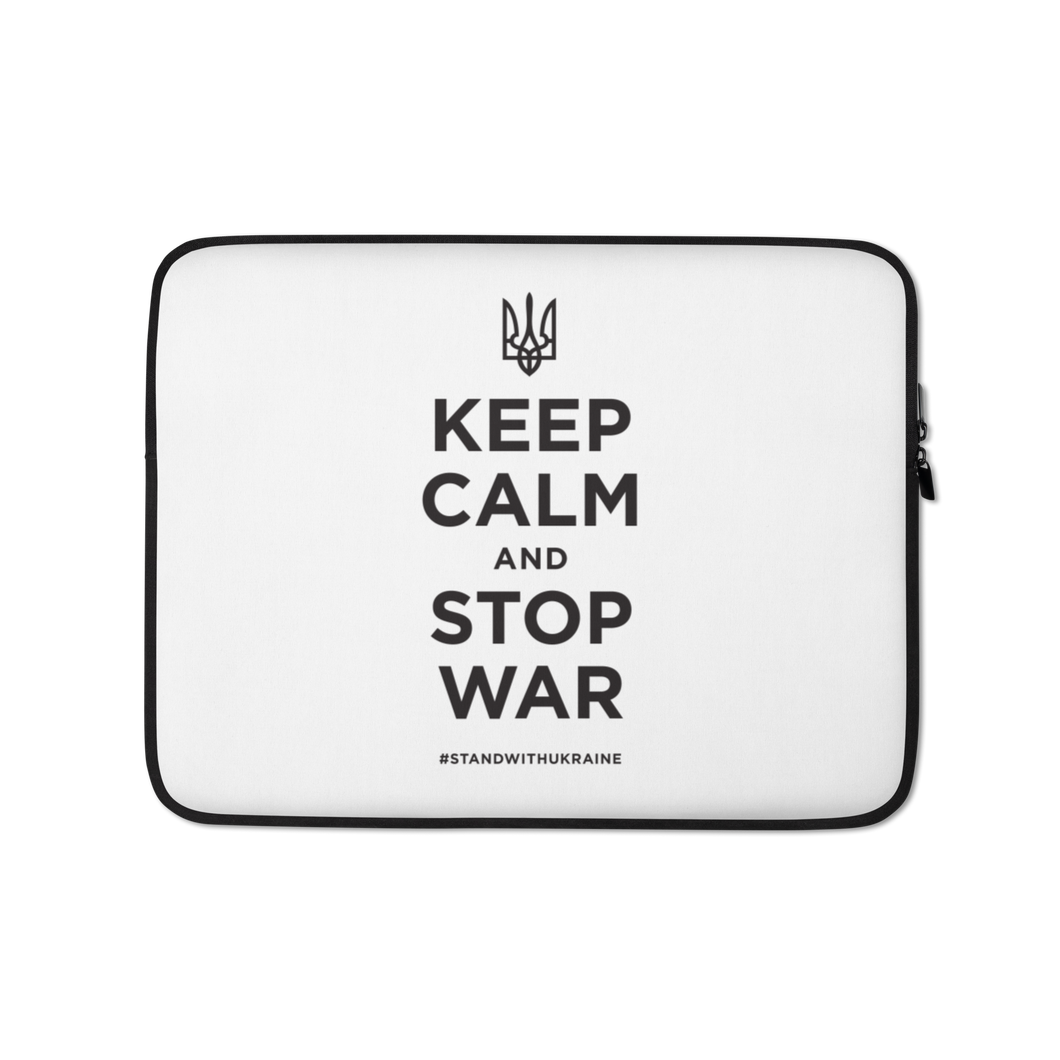 13″ Keep Calm and Stop War (Support Ukraine) Black Print White Laptop Sleeve by Design Express