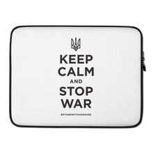 15″ Keep Calm and Stop War (Support Ukraine) Black Print White Laptop Sleeve by Design Express