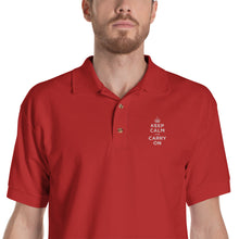 Red / S Keep Calm and Carry On (White Embroidered) Polo Shirt by Design Express