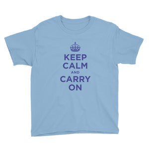 Light Blue / XS Keep Calm and Carry On (Navy Blue) Youth Short Sleeve T-Shirt by Design Express