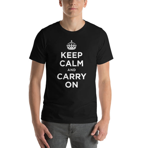 Black / XS Keep Calm and Carry On (White) Short-Sleeve Unisex T-Shirt by Design Express