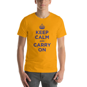 Gold / S Keep Calm and Carry On (Navy Blue) Short-Sleeve Unisex T-Shirt by Design Express