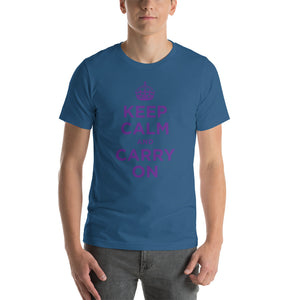 Steel Blue / S Keep Calm and Carry On (Purple) Short-Sleeve Unisex T-Shirt by Design Express