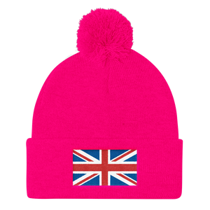 Neon Pink United Kingdom Flag "Solo" Pom Pom Knit Cap by Design Express