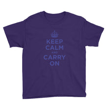Purple / XS Keep Calm and Carry On (Navy Blue) Youth Short Sleeve T-Shirt by Design Express