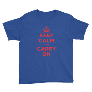 Royal Blue / XS Keep Calm and Carry On (Red) Youth Short Sleeve T-Shirt by Design Express