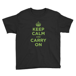 Black / XS Keep Calm and Carry On (Green) Youth Short Sleeve T-Shirt by Design Express
