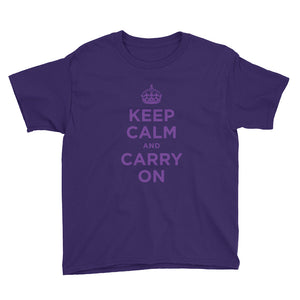 Purple / XS Keep Calm and Carry On (Purple) Youth Short Sleeve T-Shirt by Design Express