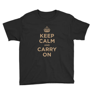 Black / XS Keep Calm and Carry On (Gold) Youth Short Sleeve T-Shirt by Design Express