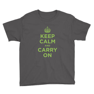 Charcoal / XS Keep Calm and Carry On (Green) Youth Short Sleeve T-Shirt by Design Express