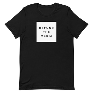 XS Defund The Media Square Unisex Black T-Shirt by Design Express