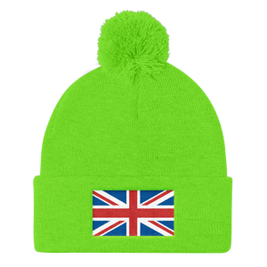 Neon Green United Kingdom Flag "Solo" Pom Pom Knit Cap by Design Express