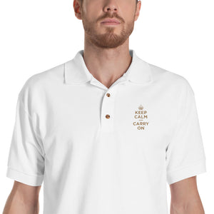 White / S Keep Calm and Carry On (Gold Embroidered) Polo Shirt by Design Express