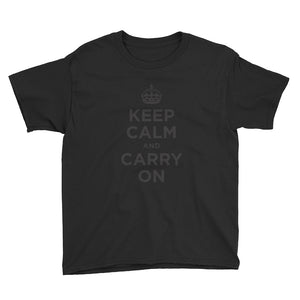 Black / XS Keep Calm and Carry On (Black) Youth Short Sleeve T-Shirt by Design Express