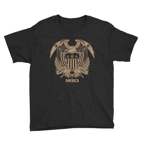 Black / XS United States Of America Eagle Illustration Gold Reverse Youth Short Sleeve T-Shirt by Design Express