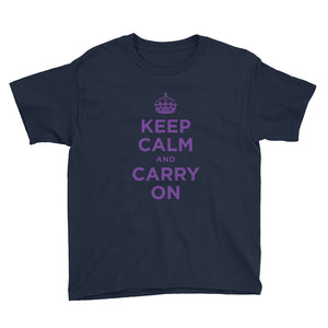 Navy / XS Keep Calm and Carry On (Purple) Youth Short Sleeve T-Shirt by Design Express
