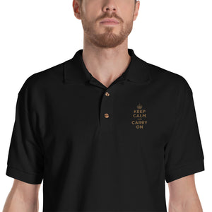 Black / S Keep Calm and Carry On (Gold Embroidered) Polo Shirt by Design Express