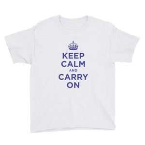 White / XS Keep Calm and Carry On (Navy Blue) Youth Short Sleeve T-Shirt by Design Express