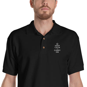 Black / S Keep Calm and Carry On (White Embroidered) Polo Shirt by Design Express