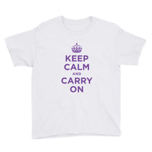 White / XS Keep Calm and Carry On (Purple) Youth Short Sleeve T-Shirt by Design Express