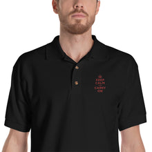 Black / S Keep Calm and Carry On (Red Embroidered) Polo Shirt by Design Express