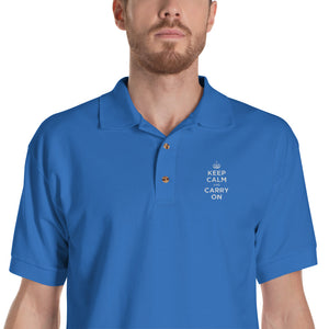 Royal / S Keep Calm and Carry On (White Embroidered) Polo Shirt by Design Express