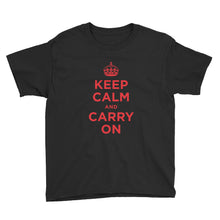 Black / XS Keep Calm and Carry On (Red) Youth Short Sleeve T-Shirt by Design Express