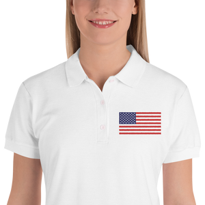 White / S United States Flag "Solo" Embroidered Women's Polo Shirt by Design Express