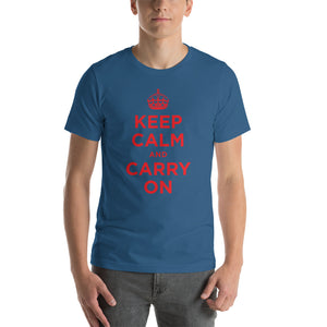 Steel Blue / S Keep Calm and Carry On (Red) Short-Sleeve Unisex T-Shirt by Design Express