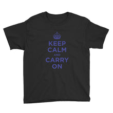 Black / XS Keep Calm and Carry On (Navy Blue) Youth Short Sleeve T-Shirt by Design Express