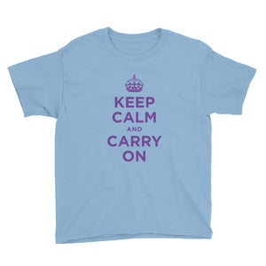 Light Blue / XS Keep Calm and Carry On (Purple) Youth Short Sleeve T-Shirt by Design Express