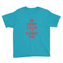 Caribbean Blue / XS Keep Calm and Carry On (Red) Youth Short Sleeve T-Shirt by Design Express